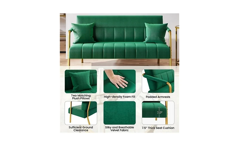 Yaheetech 56.5 W Upholstered Sofa Couch with Gold-tone Metal Arms and Legs