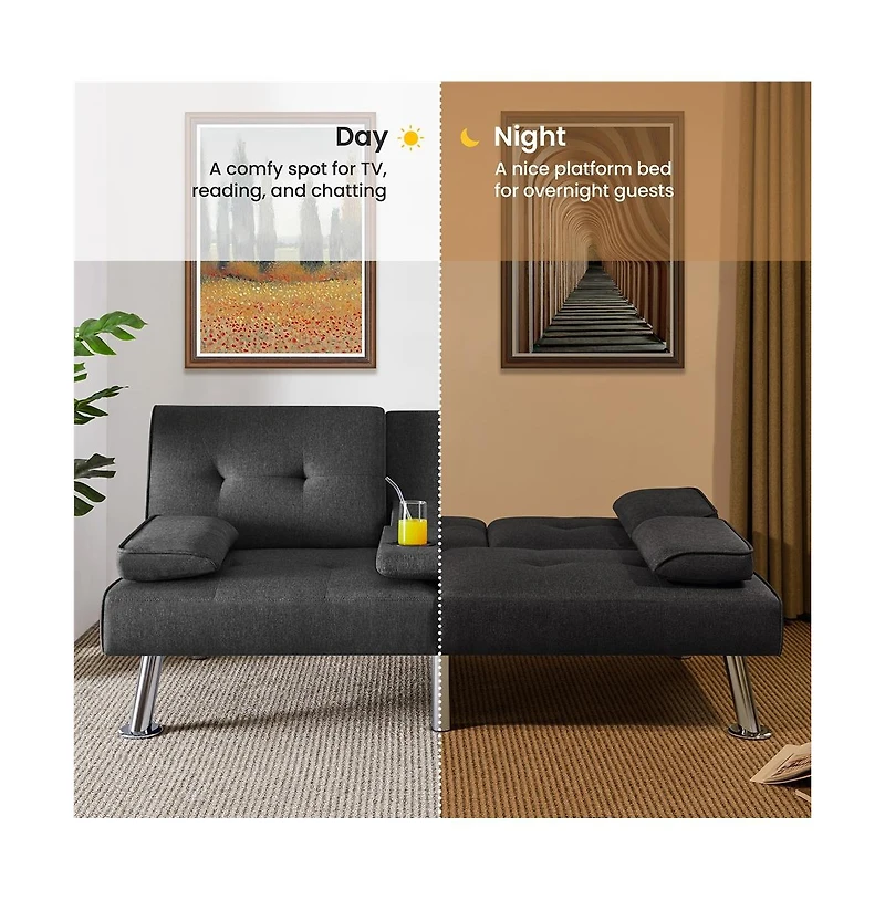 Yaheetech Fabric Upholstered Convertible Futon Sofa Bed for Small Space, Black