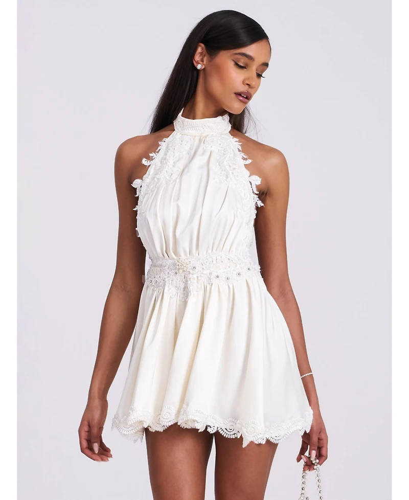 Miss Circle Women's Idalia Beaded Lace Trim Backless Halter Mini Dress