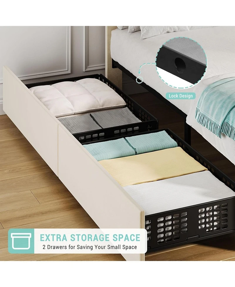 gaomon Bed Frame with Storage Drawers, Upholstered Tufted Platform Frames Wooden Slats Support