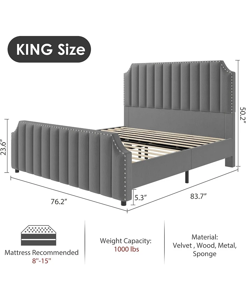 gaomon Upholstered Bed Frame, Vertical Lines Platform with Velvet Headboard & Footboard, Stylish Copper Nails, Metal Mattress Foundation