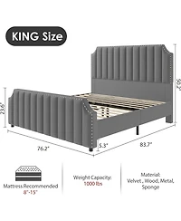 gaomon Upholstered Bed Frame, Vertical Lines Platform with Velvet Headboard & Footboard, Stylish Copper Nails, Metal Mattress Foundation