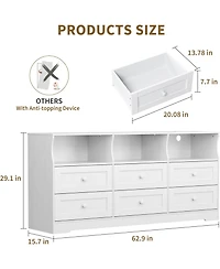 gaomon 6-Drawer Slim Dresser for Bedroom, Wooden Chest with Power Outlets, Led Light & Open Shelf