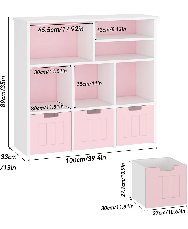 gaomon Toy Storage Cabinet with 3 Movable Drawers and 6 Cubes, Kids Bookshelf Organizer with Wheels