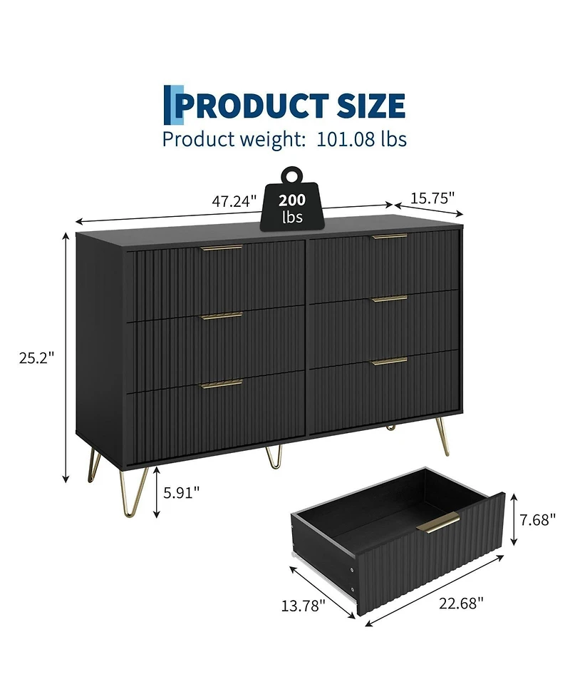 gaomon Fluted 6-Drawer Dresser for Bedroom, 47" Wide Modern Wooden Chest of Drawers