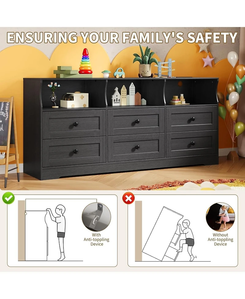 gaomon 6-Drawer Slim Dresser for Bedroom, Wooden Chest with Power Outlets, Led Light & Open Shelf, Black