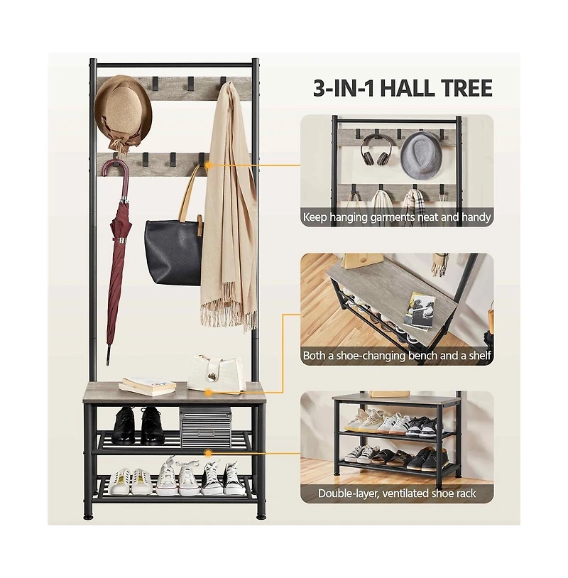 73” H Metal Hall Tree with Shoe Storage Bench Entryway Coat Rack