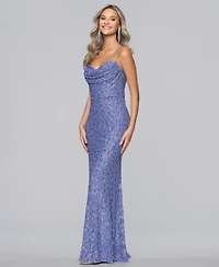Blondie Nites Juniors' Long Cowl Neck Sequin Slim Ball Gown