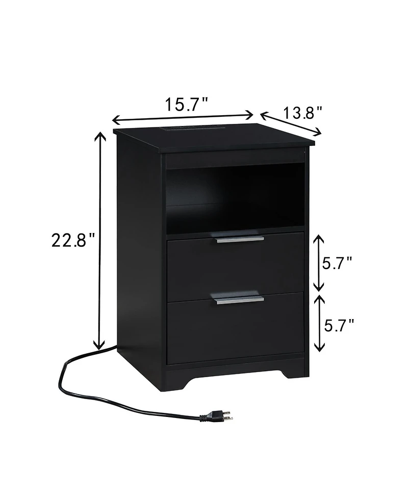 Streamdale Furniture Nightstand with Charging Station & 2 Drawers, Black