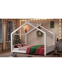 Streamdale Furniture Queen House Floor Bed with Slats, Solid Wood Frame for Kids