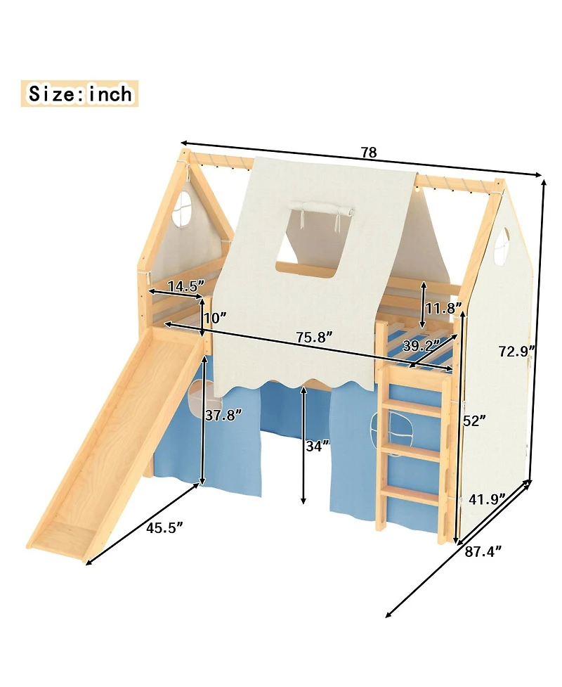 Streamdale Furniture Twin Size House Loft Bed with Sills, Tents, Slide, Lights