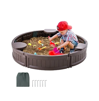Slickblue Sandbox with Cover, 47.2 x 9.1 in Round Sand Box, Hdpe Sand Pit with 3 Corner Seating and Bottom Liner