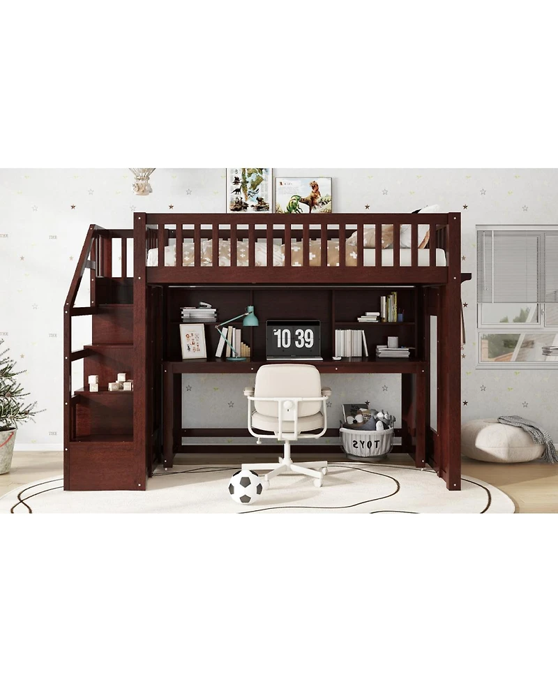 Streamdale Furniture Twin Loft Bed with Desk, Storage Shelf & Stairs, Espresso