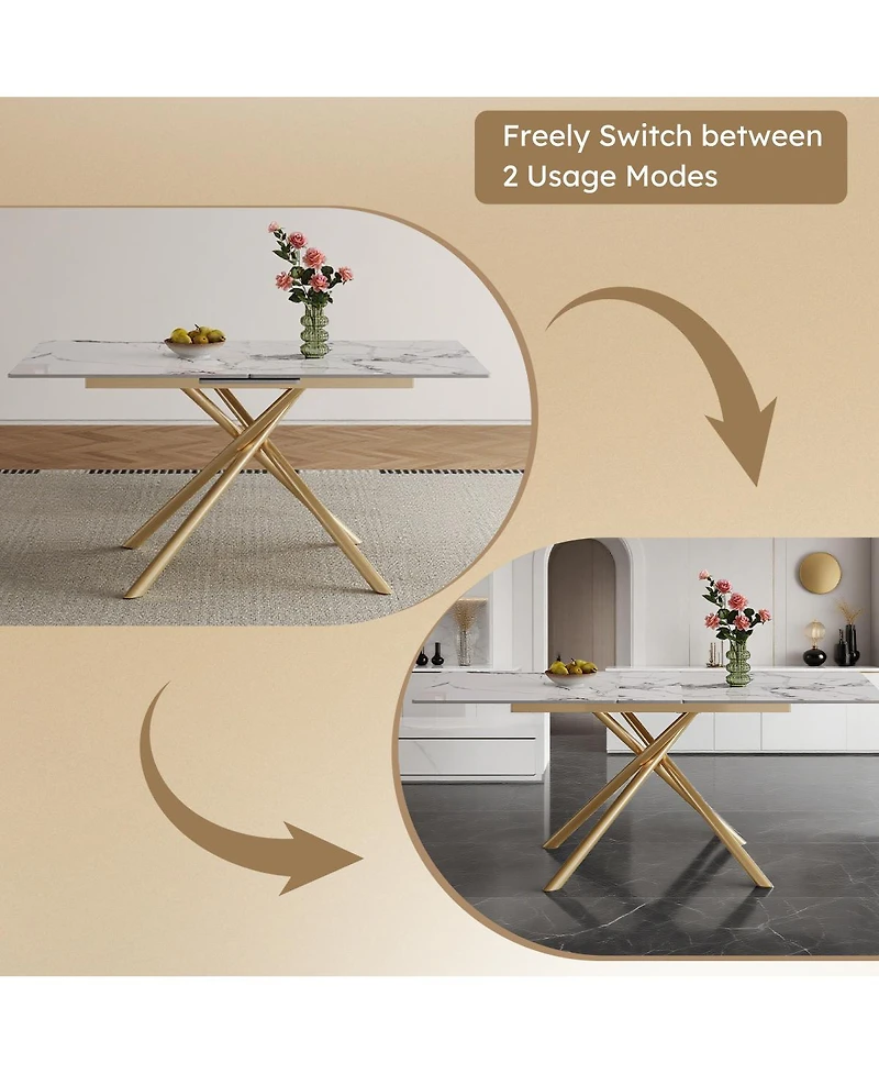 Streamdale Furniture 59-inch Expandable Dining Table with Retractable Leaf, Charred Stone Top & Golden X-Base