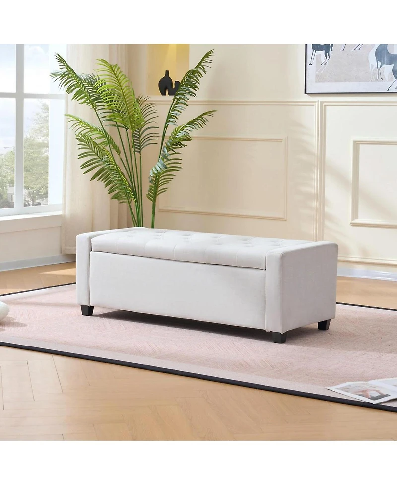 Streamdale Furniture 48" Storage Bench for End of Bed, Faux Linen Upholstered Storage Ottoman, Beige