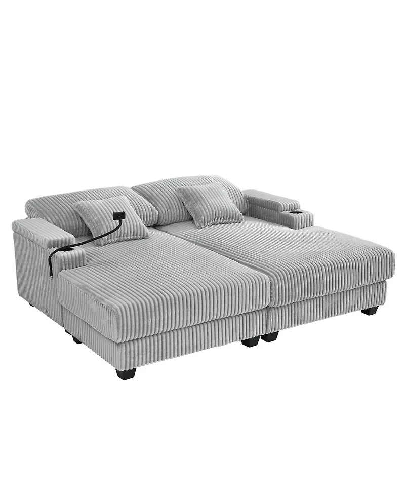 Streamdale Modern Chaise Sofa with Adjustable Backrest, Cup Holders, Phone Holder & Storage, Light Gray
