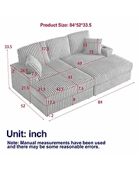 Streamdale Furniture 84" Corduroy 3-Seater Sofa w/ Pillows, Ottomans, Storage & Cup Holders