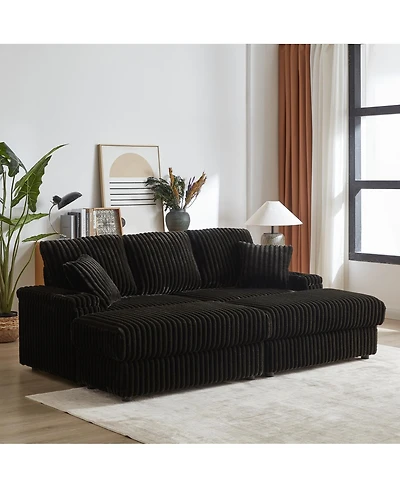 Streamdale Furniture 84" Corduroy 3-Seater Sofa w/ Pillows, Ottomans, Storage & Cup Holders