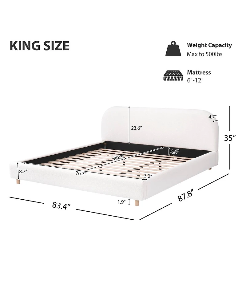 Streamdale Furniture King Size Boucle Upholstered Bed, Curved Design, Solid Wood Legs