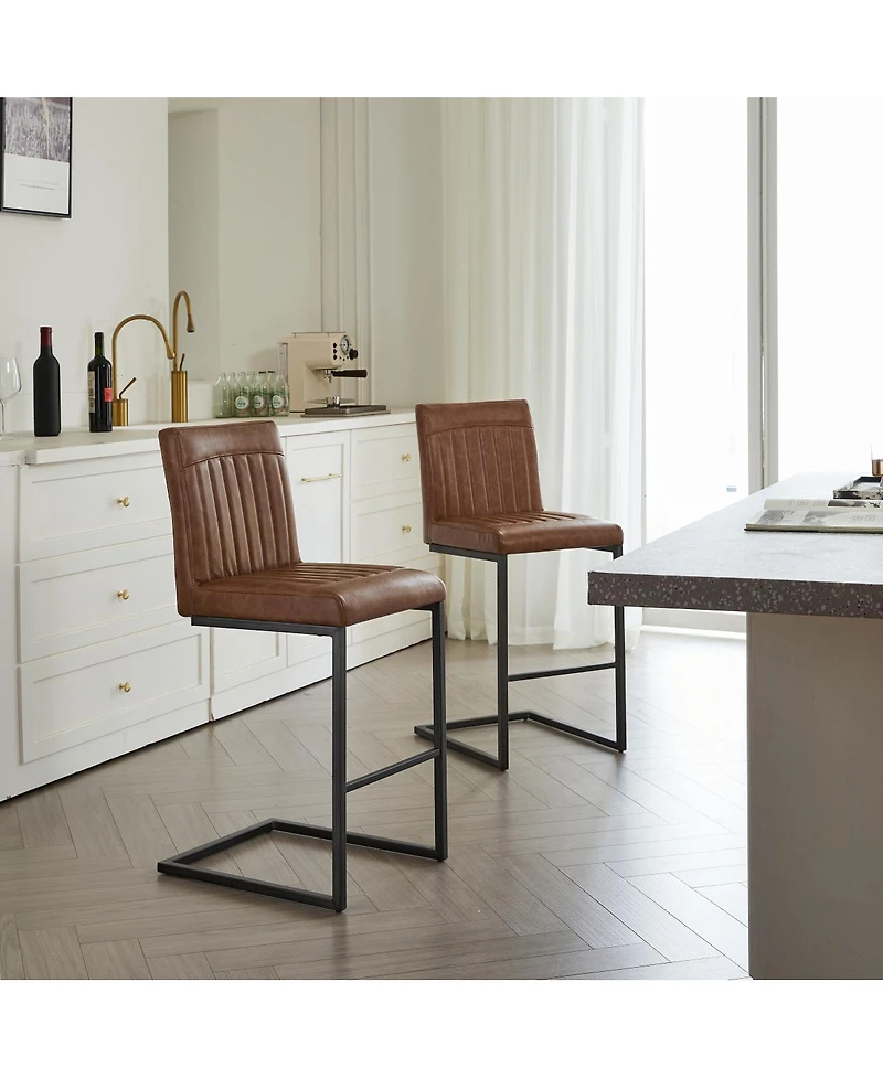 Streamdale Furniture Faux Leather Bar Stool - 26-Inch Tufted, Black Metal Frame (2 Sets)