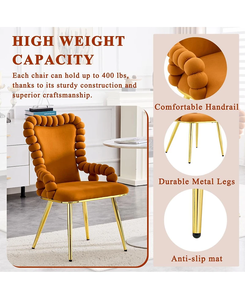 Streamdale Furniture Set of 2 Orange Puffy Bubble Chairs with Gold Legs, Velvet Dining Chairs