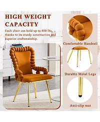 Streamdale Furniture Set of 2 Orange Puffy Bubble Chairs with Gold Legs, Velvet Dining Chairs