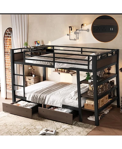 Streamdale Furniture Full Size Metal Bunk Bed with Storage, Led, and Usb
