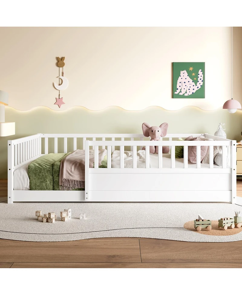 Streamdale Furniture Montessori Wooden Floor Bed with Security Barrier and Door, White