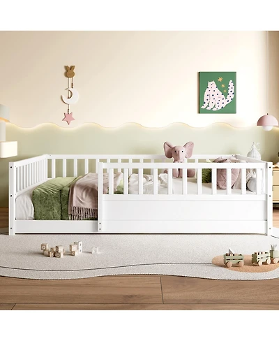 Streamdale Furniture Montessori Wooden Floor Bed with Security Barrier and Door, White