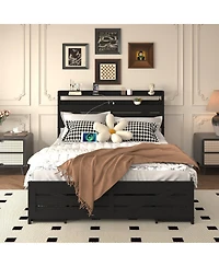 Streamdale Furniture Queen-size bed frame with storage headboard, 12 drawers, Led lights, Black.