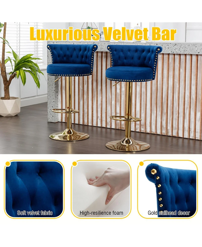 Streamdale Furniture Velvet 360° Rotating Bar Chair with Adjustable Height and Soft Pillow