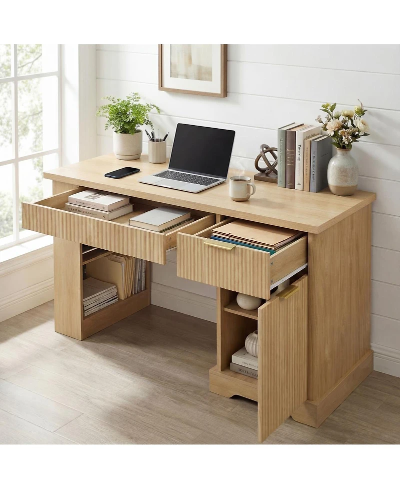Streamdale Furniture 55" Modern Fluted Office Desk with Storage, Drawers, Power Outlet & Shelves