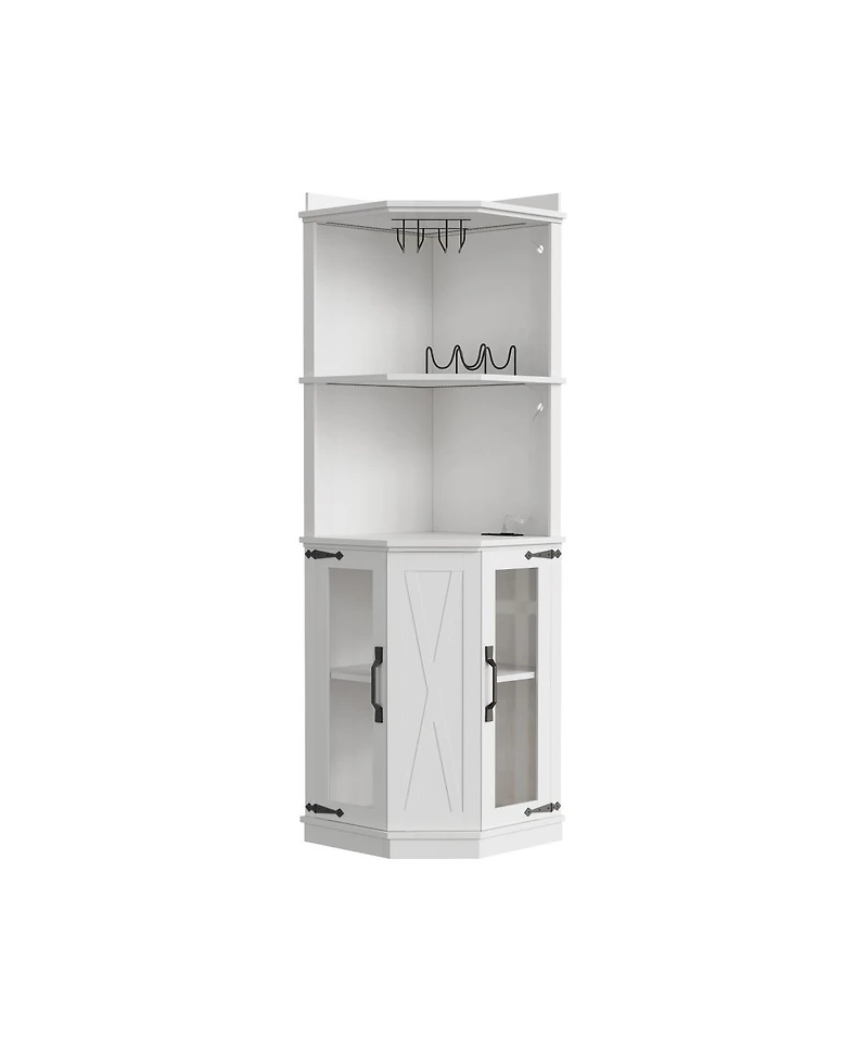 Streamdale Furniture 67.3" Farmhouse Corner Bar Cabinet with Power Outlet, Lights & Glass Rack
