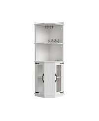 Streamdale Furniture 67.3" Farmhouse Corner Bar Cabinet with Power Outlet, Lights & Glass Rack