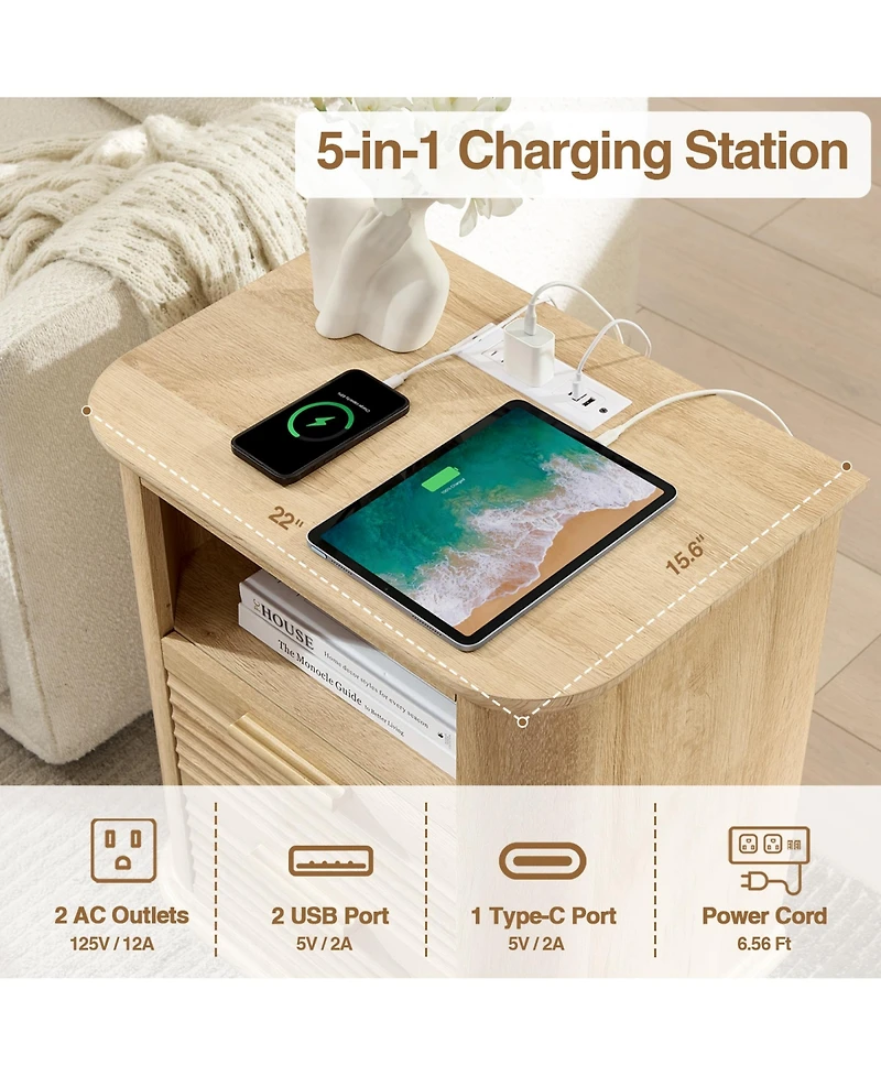 Rainsken 22" Fluted Nightstand with Charging Station, Modern Bedside Table with 2 Drawers and Open Storage for Living Room