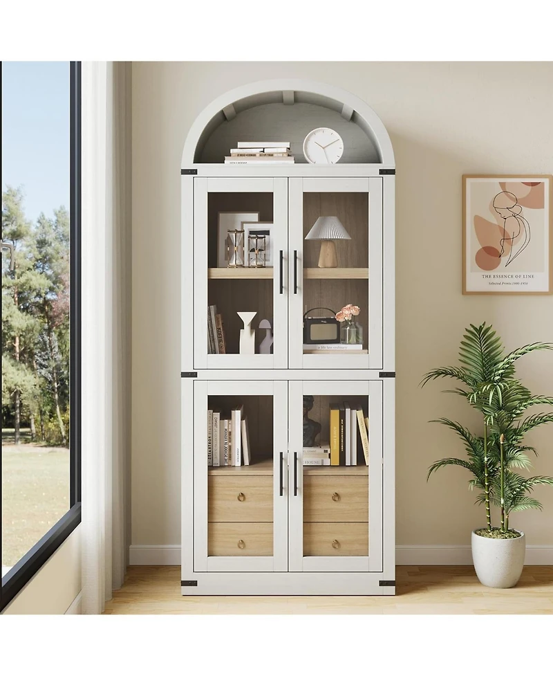 gaomon Arched Farmhouse Bookcase with Doors and Drawers, 71.4" Tall Display Cabinet