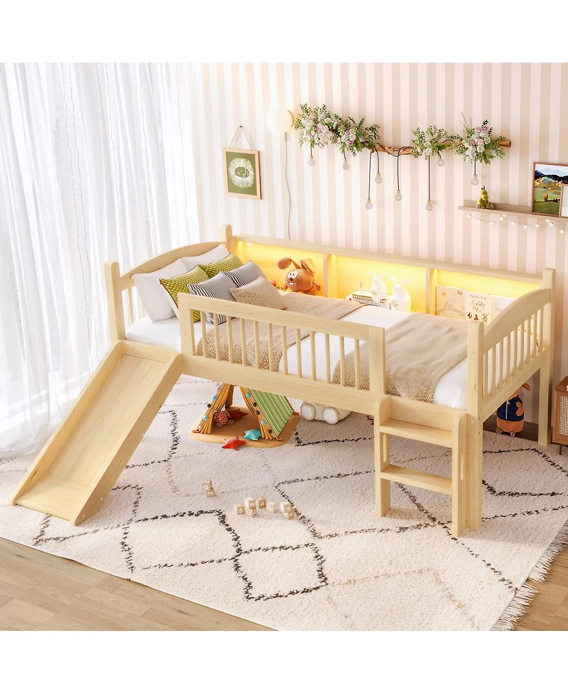 Streamdale Furniture Loft Bed with Storage Shelves, Solid Wood, Led Lights, Guardrails
