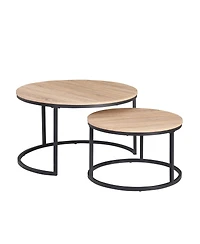 Streamdale Furniture Round Nesting Coffee Table Set, 31.5" Oak & Metal, Modern Industrial Accent Furniture.