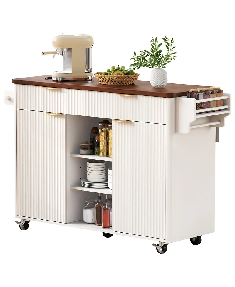 Streamdale 52" Fluted Kitchen Island with Drop Leaf, Power Outlet & Storage Cart