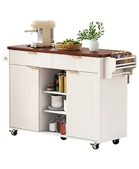 Streamdale 52" Fluted Kitchen Island with Drop Leaf, Power Outlet & Storage Cart