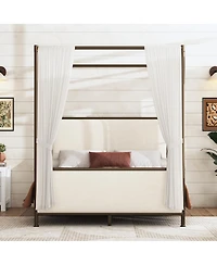 Streamdale Furniture Canopy Bed Frame With Linen Upholstered Headboard, Iron Legs