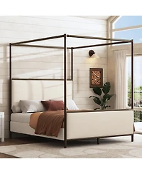Streamdale Furniture Canopy Bed Frame With Linen Upholstered Headboard, Iron Legs
