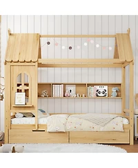 Streamdale Furniture Twin House Bed with Storage Drawers and Shelves, Solid Wood