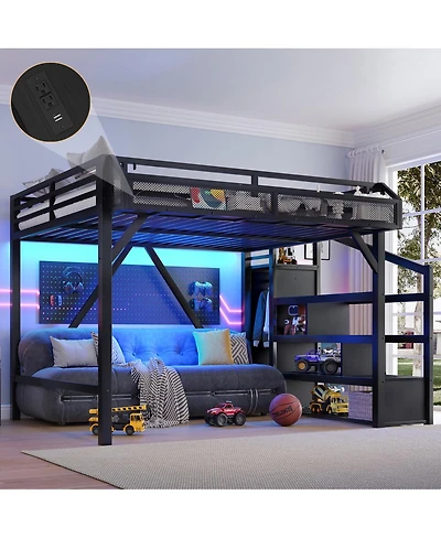 Streamdale Furniture Queen Loft Bed with Storage Stairs, Shelves, Wardrobe, Usb, Led, Black Woodgrain