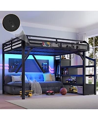 Streamdale Furniture Queen Loft Bed with Storage Stairs, Shelves, Wardrobe, Usb, Led, Black Woodgrain