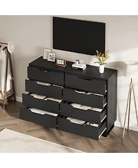 gaomon Farmhouse Tv Stand with 8 Drawers, 55" Wide Entertainment Center for TVs up to 75 Inch with Metal Legs, Black