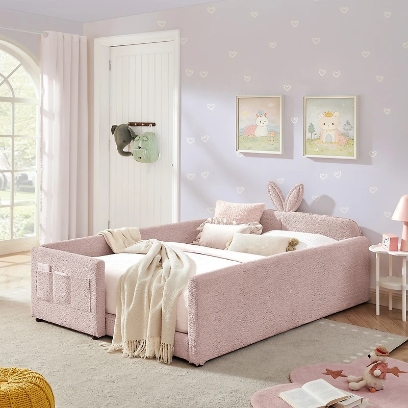 Streamdale Furniture Full Size Boucle Rabbit Ear Platform Bed with Safety Rail & Pocket, Pink