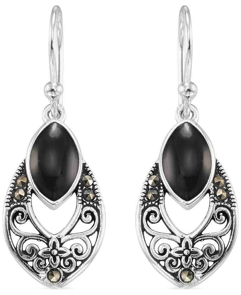 Macy's Marcasite (0.09 ct. t.w.) and Onyx (1 ct. t.w.) Drop Earrings in Sterling Silver