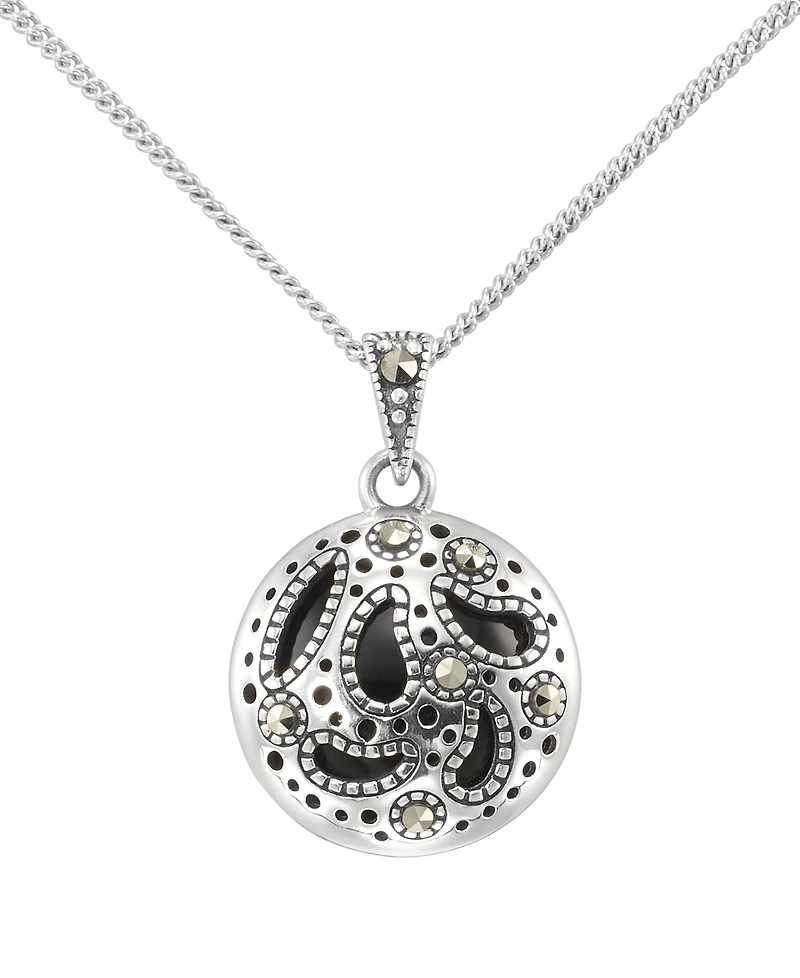 Macy's Marcasite (0.10 ct. t.w.) and Onyx (3 ct. t.w.) Openwork Round Pendant Necklace in Sterling Silver