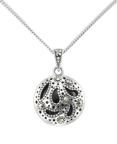 Macy's Marcasite (0.10 ct. t.w.) and Onyx (3 ct. t.w.) Openwork Round Pendant Necklace in Sterling Silver
